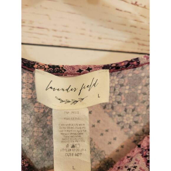 Lavender Field  Crop Top Pink Gray Boho Front Tie Bell Sleeve Women's Size Large - Picture 8 of 10